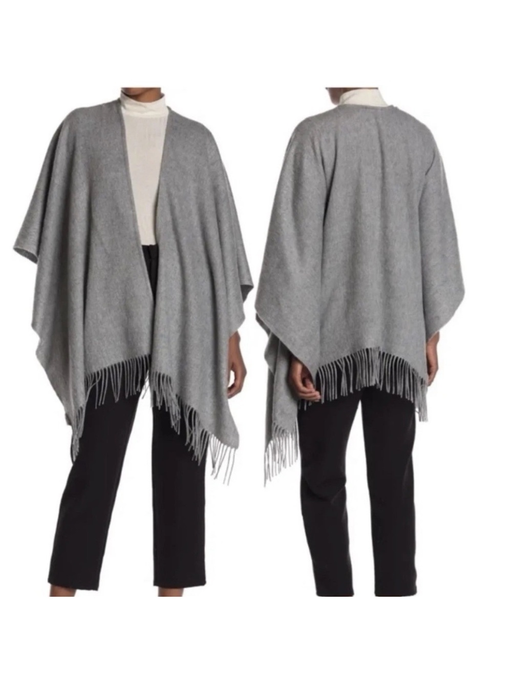 Portolano 100% Lambswool Oversized Wrap Shawl Cape Gray Fringe Womens O/S